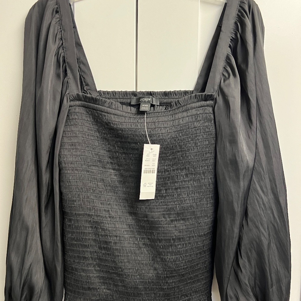 NEW: J Crew Squareneck Smocked Featherweight BlackSatin Crop Top Women Size XXS